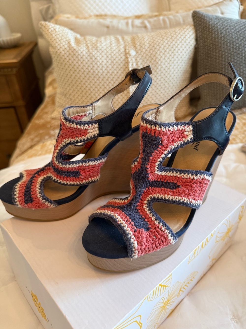 Lucky Brand Wedge Sandal with Crochet Straps in orange and Navy